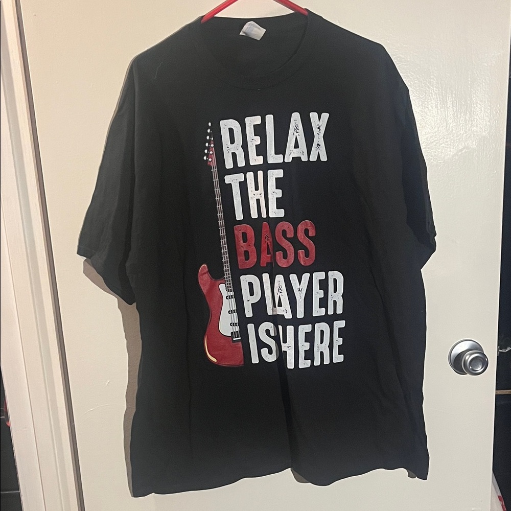 Port and Company Black Short Sleeve Tee with Red Bass Guitar Graphic
